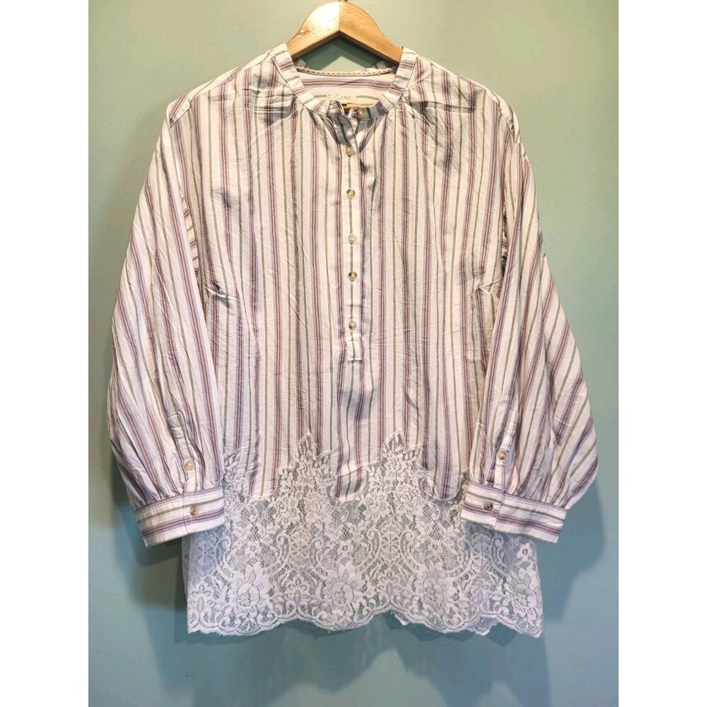 Pilcro Striped 1/2 Button Lace Hem Long Sleeve Tunic Top Sz 1X